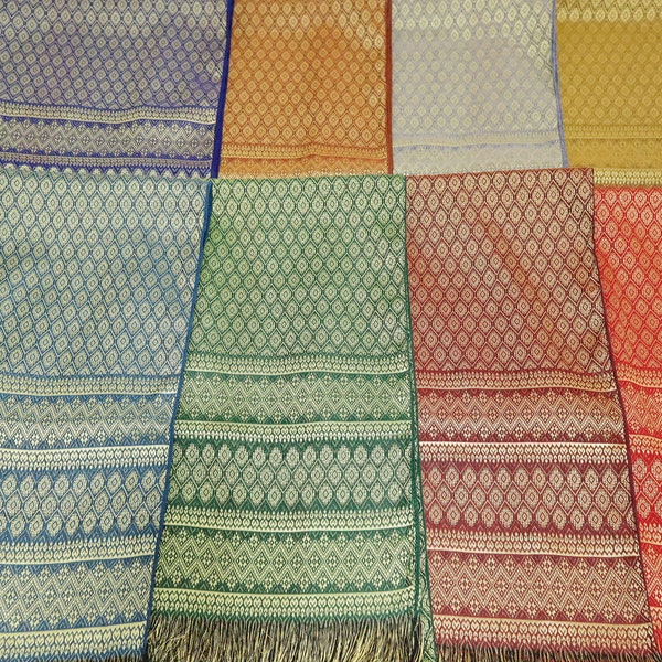 10x78 inches, Multipurpose Brocade Scarf, Men Waist Band, Sash, Pabiang, Shawl, Sabai, Shoulder Cloth For Thai Lao Khmer Traditional Clothes