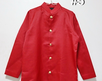Red Mandarin Collar- Long Sleeve Shirt: Thai Faux Silk Top for Men