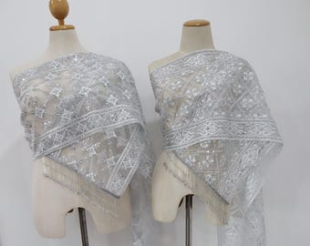 Lightweight Sequin Lace Sabai Sash with Beaded Fringe, Thai Traditional Wedding Sbai