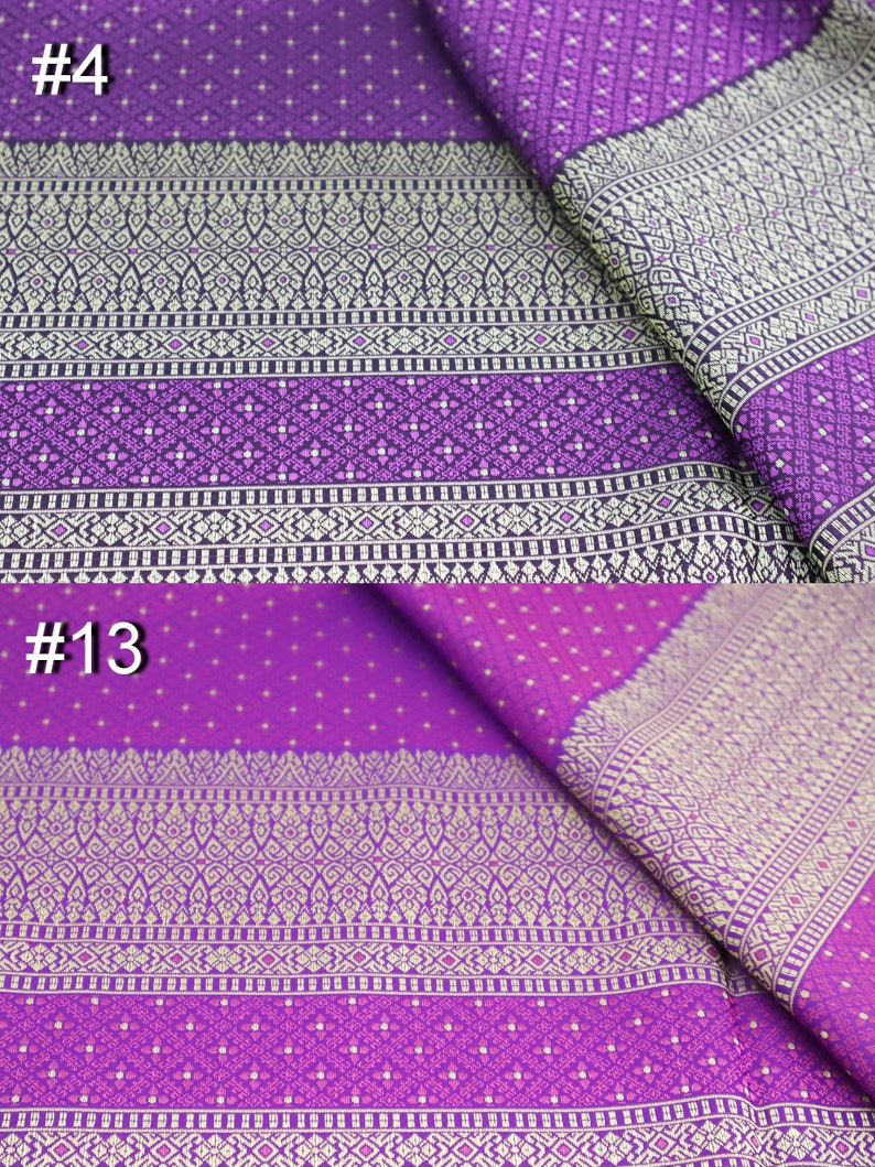 May include: Purple and gold fabric with a repeating geometric pattern. The fabric is folded in half and the numbers #4 and #13 are visible in the image.