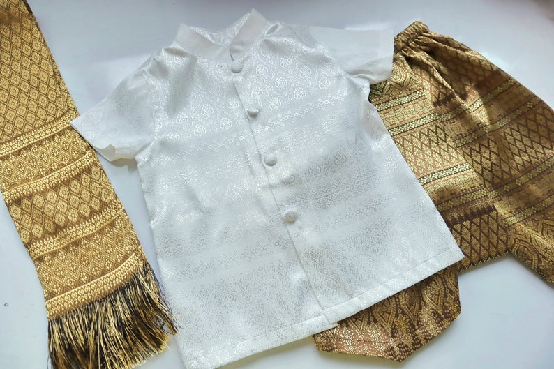 Tenues traditionnelles thaïlandaises/lao/khmères pour garçons, chemise à manches courtes et pantalon pour les 1-12 ans, taille XS-4XL voir détails dans la description image 8