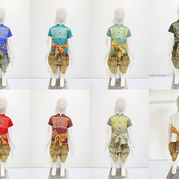 Traditionelle Thai-/Lao-/Khmer-Outfits für Jungen, kurzärmeliges Hemd und Hose für Alter 1–12 Jahre, Größe XS–4XL, siehe Details in der Beschreibung