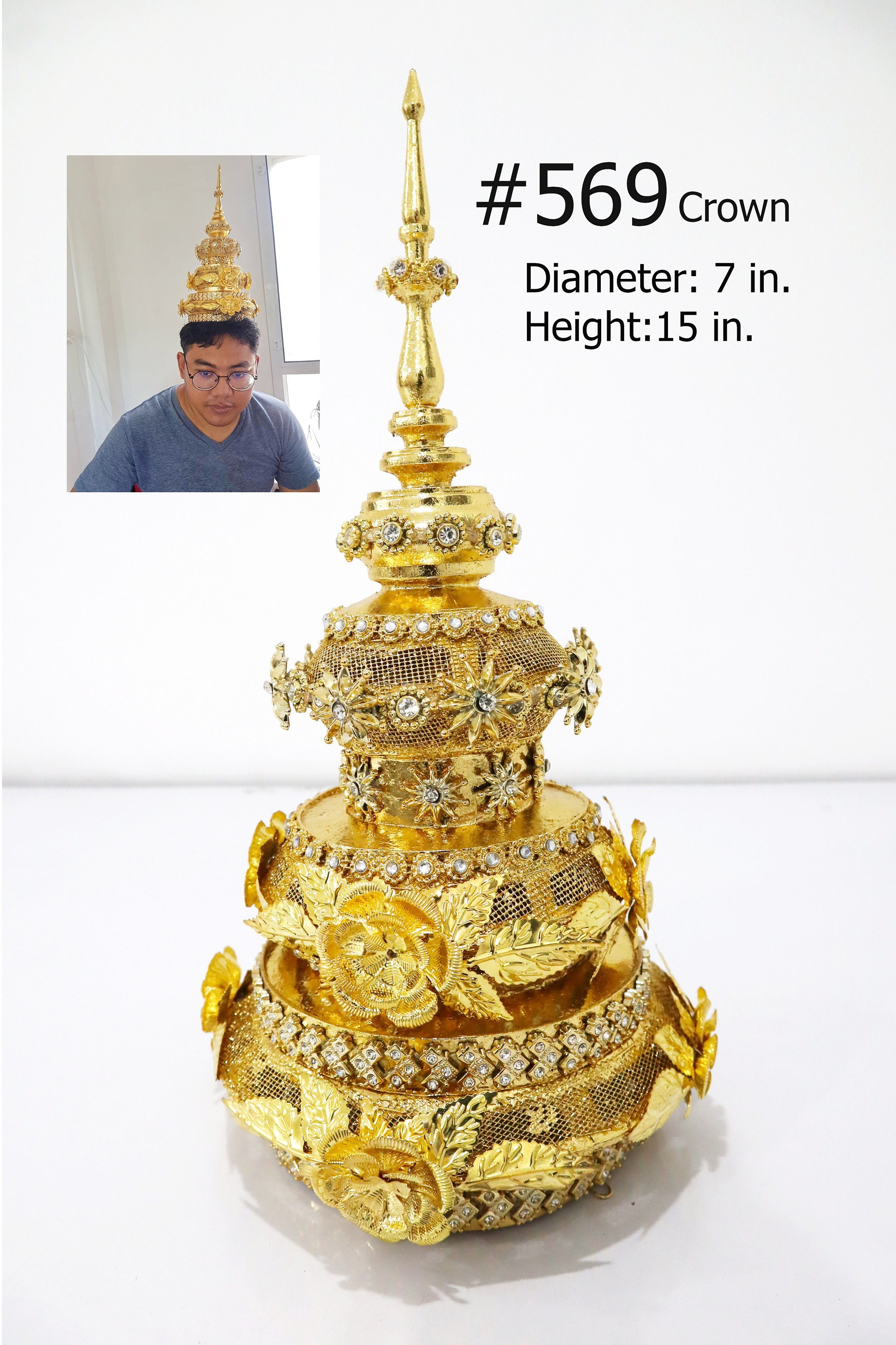 THAI GOLD CROWN!! Handmade Costume Headpiece for Men, Temple Performance Prop  main image 3