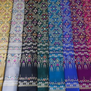 Brocade Polyester Silk Fabric, Lao Sinh Wrap Sarong Skirt Materials, Faux silk Damask Fabric With Chok Lao Pattern, Unstitched Cloth