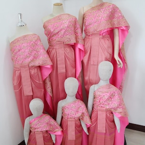 Pink and Gold Traditional Thai Khmer Outfit with Sequined lace Sash for Girls 9 Months-14 Years Old Up To Adult, Family Matching Outfits