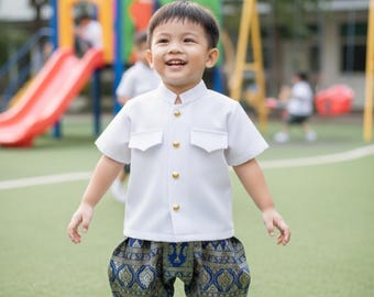 Thai Kids Outfit: White Shirt&Brocade Trousers Pants, Thai Laos Traditional Clothing for Children