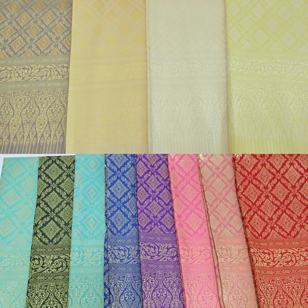 Brocade Faux silk, not a Readymade Sarong, Tan Beige Ivory Cream with Gold Thread Brocade Cloth, Artificial Silk Fabric, Thai Dress Material