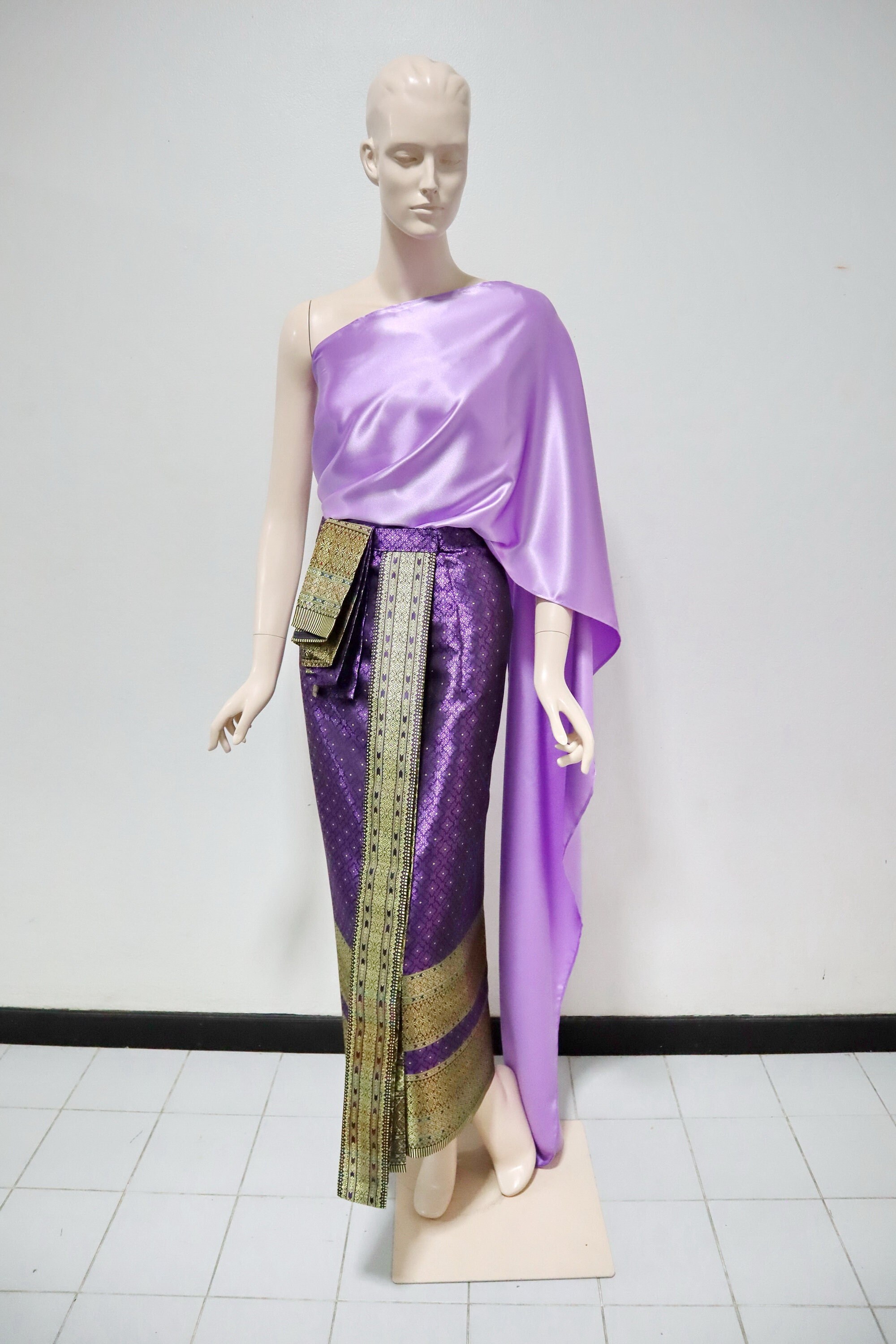 Purple and Gold Traditional Thai/ Khmer Dress, Adjustable Skirt up