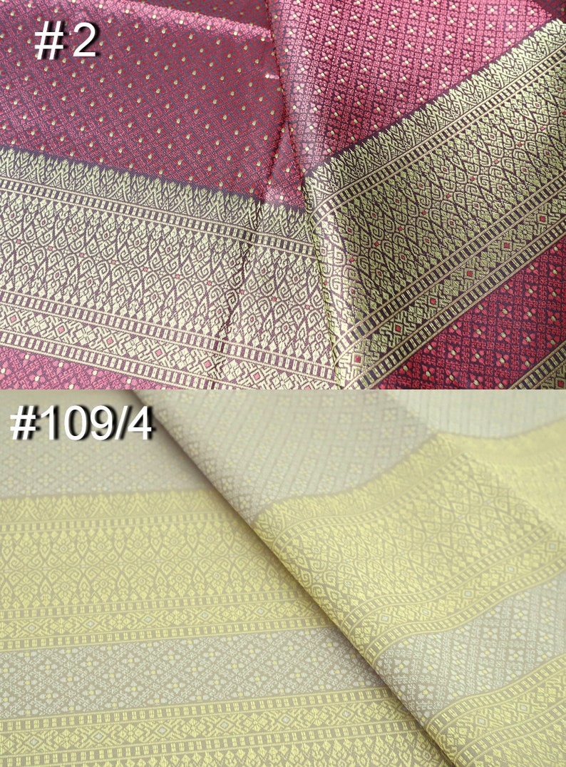 May include: Two pieces of fabric with intricate patterns. The top piece is a burgundy fabric with a gold and white pattern. The bottom piece is a beige fabric with a gold and white pattern. The fabric is labeled #2 and #109/4.