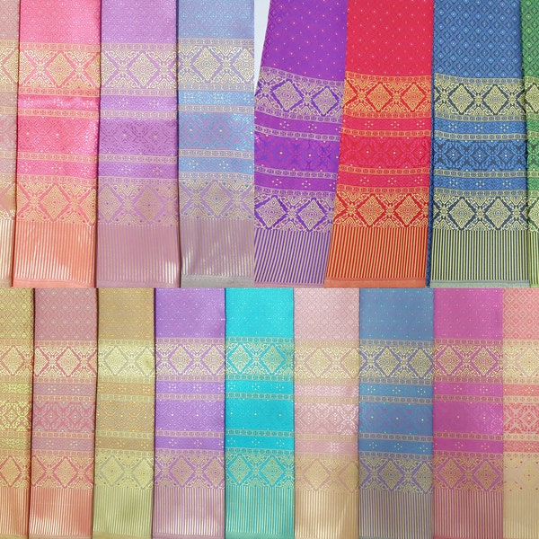 Tissu de soie artificielle thaïlandaise, brocart de soie artificielle, matériaux pour robe de mariée thaïlandaise, matériaux de paréo enveloppant pas un sarong prêt à l'emploi