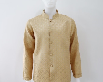 Gold Brocade Thai Mens Shirt: Long Sleeve Mandarin Collar Wedding Attire