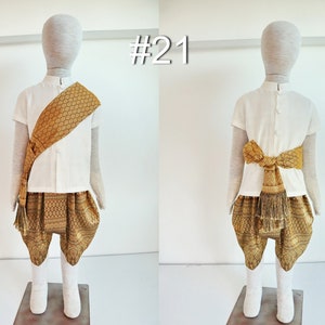 Tenues traditionnelles thaïlandaises/lao/khmères pour garçons, chemise à manches courtes et pantalon pour les 1-12 ans, taille XS-4XL voir détails dans la description #21 Off white-Gold