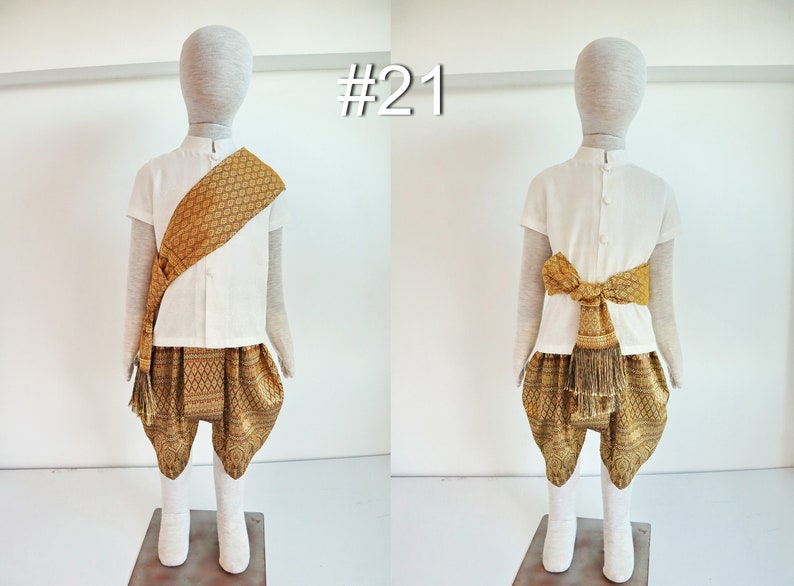 Tenues traditionnelles thaïlandaises/lao/khmères pour garçons, chemise à manches courtes et pantalon pour les 1-12 ans, taille XS-4XL voir détails dans la description #21 Off white-Gold