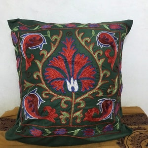 Vintage suzani pillow cover handmade embroidery Bohemian Uzbekistan Cushion Home Sofa Room Decor Green flower Tribal Couch Case ethnic Uzbek