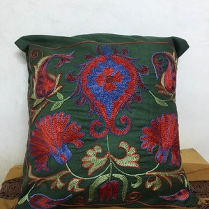 Vintage suzani pillow cover handmade embroidery Bohemian Uzbekistan Cushion Home Sofa Room Decor Green Tribal Couch Case ethnic Uzbek