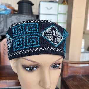 Chirstian Hat Kofi Eastern Orthodoxy priests Crochet Embroidery Beanie , Size 23 -25 inch Skufia skoufos georgian Cross stitch  blue Crusad