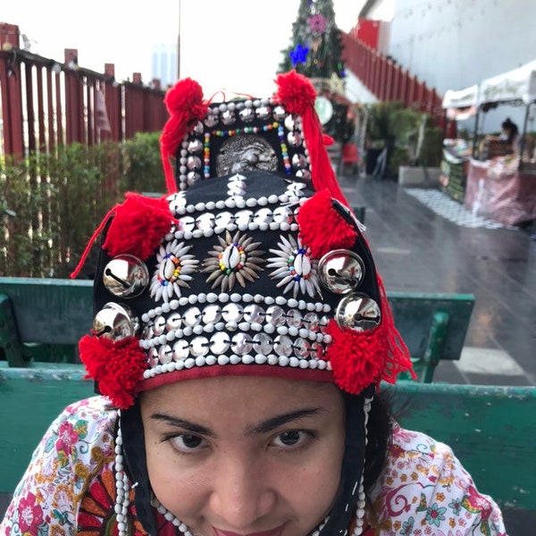 Sombrero de Akha, sombrero boho, tocado ceremonial, tocado tailandés vintage, hilltribe, danza tribal Fusión, tocado del festival, Concha Star