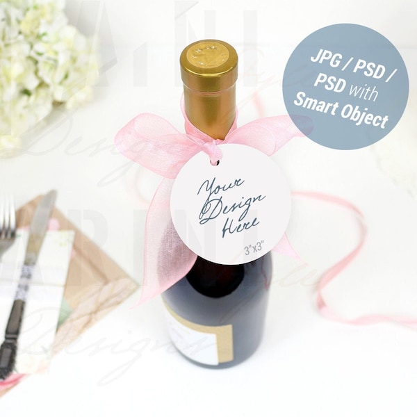 Circle Gift Tag Mockup, Round Gift Tag Mockup, Sticker Mockup, Label Mockup, Wedding gift Tag Mock up on wine bottle, 927a