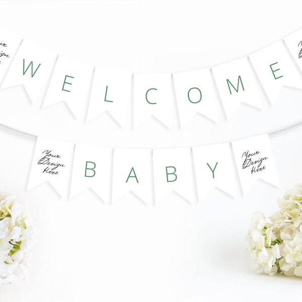 Welcome Baby Bunting Banner Mockup, Paper flag banner Mockup, Pennant Bunting Banner Mockup, Birthday Party Stationery Mockup, PSD & PNG 980