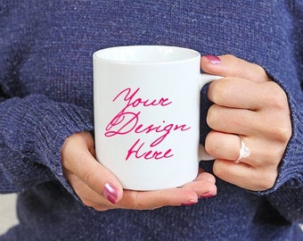 Mug Mockup with woman, Woman holding mug with engagement ring, Winter Coffee Mug Stock Photo Mockup, Mug Product Mockup, 616