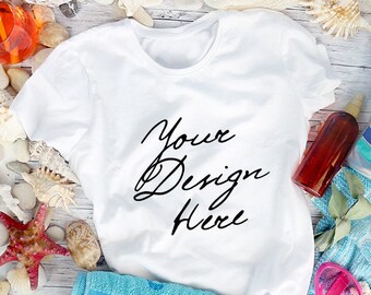Camiseta blanca de verano Mockup, maqueta de camiseta unisex Beach, camiseta blanca de verano playa Mock up, camiseta de la foto, camiseta unisex maqueta, 955