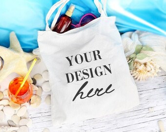 Beach Tote bag Mockup, Summer canvas tote mockup, White canvas tote bag Mockup, Tote Stock Photo Mock up on summer beach background, 958