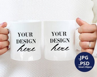 Two Mugs Mockup, Woman Holding Mugs, Couple Coffee Mug (JPG, PSD, PNG)