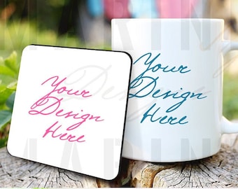 Mug & Coaster Mockup, Square coaster and mug set mock up, Styled Stock Photography, Stock photo, Coaster with coffee cup Stock image, 726