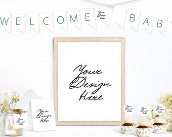Party Decoration Mockup Bundle, Birthday Mockup, Baby Shower Mockup, Bunting Banner Mockup, Poster Board Mockup, PSD with Smart Object,  979