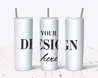 Dye sublimation 20 oz skinny tumbler full wrap view Mockup Add your own ima...