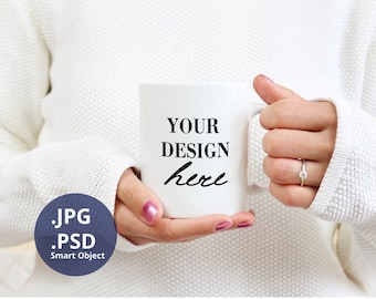 Mug Mockup PSD con manos femeninas, maqueta de taza de 11oz, maqueta de taza blanca, maqueta de producto, Maqueta de taza de café PSD, Maquillaje de taza de sujeción, 612c