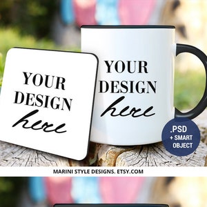 May include: A white coffee mug and square coaster with a black rim and handle. The mug and coaster have the text "YOUR DESIGN here" in black. The bottom half of the mug and coaster feature a pattern of black swans and foliage on a teal background.