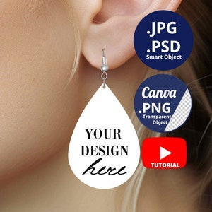 Blond Woman with teardrop earring Mockup, Caucasian Woman wearing drop earrings mockup, 2inch teardrop earring on ear Mockup, PSD PNG, 1430