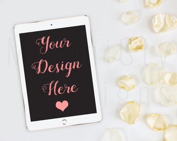 White Desk Ipad Mockup Petals Feminine Styled Stock Photography