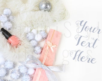 Download Free White Desk, Christmas Styled Stock Photography, Pink & Silver Christmas Ornaments, Vintage Style Stock image, Stock Photo, Winter Mockup 158 PSD Template