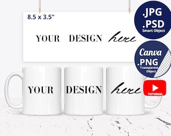 11oz Mug mockup 8.5x3.5" Full wrap view, 3 Mugs View Mockup PSD, 11oz Mug Smart mockup, Mug Mockup Smart Object, Mug Mockup Canva PNG, 1345