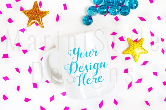 White Mug Mockup Confetti Pink Gold Styled Stock