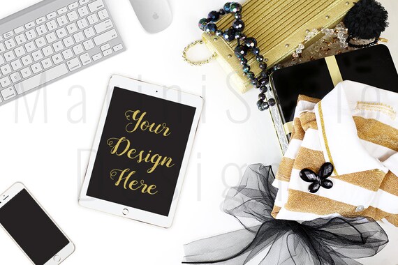 Feminine Stock Photo Styled Ipad Mockup Gold Fashion Supplies