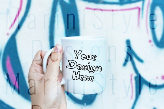 White Mug Mockup On Graffiti Wall Street Art Styled