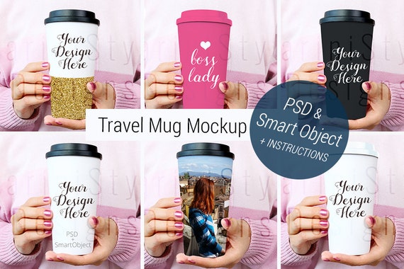 Travel Mug Mockup Psd Smart Object Woman Holding Travel