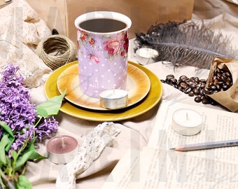 Download Free Lilac & Coffee on Vintage Background, Flatlay, Blog Mockup, Stock Photo, Styled Stock Photography, Stock Image, Instagram Mockup, 740 PSD Template