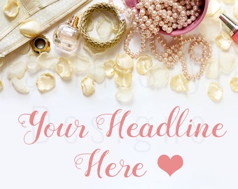 Download Free White Desk, Makeup Stock Photo, Pink & Gold Styled Desk, Spread Petals, Styled Stock Photography, Styled Stock image, Feminine Mockup, 94 PSD Template