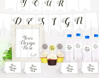 Party Mockup BUNDLE, Water Bottle Template, Frame, Cards Mockup, Cupcake Mockup, Bunting Stock ...