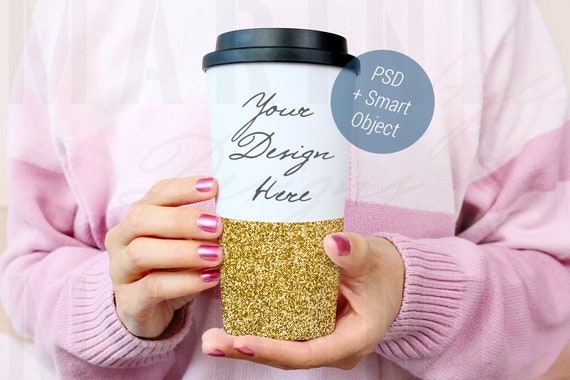 Woman Holding Glitter Coffee Cup Stock Photo Mockup Psd
