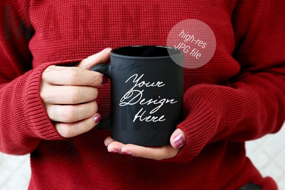 Female Hands Holding Black Mug Mockup Woman With Black