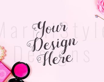 Download Free Pink Styled Desk, Pink Styled Stock Photography, Feminine Stock Photo, Styled Stock image, Jewelry, Makeup, Beauty, Mockup, Mock up, 416 PSD Template