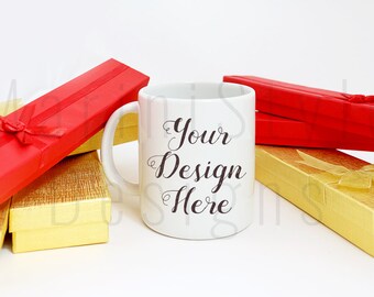 Download Free Mug Mockup Styled Stock Photography, Stock photo, Stock image, White Mug, Blank Mug, Red & Gold Holiday Presents, Gifts, 220 PSD Template