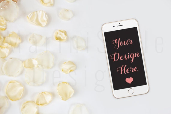 Iphone Mockup White Desk Petals Feminine Styled Stock Photography Iphone Mockup White Desk Petals Feminine Styled Stock Photography
