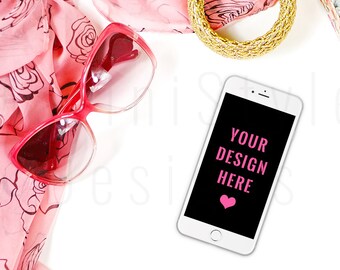 Download Free White Desk Iphone Mockup Pink Gold Styled Desktop Fashion Mockup Feminine Styled Stock Photography Iphone Stock Photo Stock Image 8 3d Psd Mockups Templates PSD Mockup Template