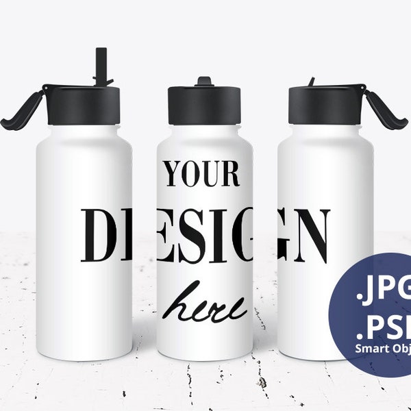 32oz Hydro Bottle Mockup Full Wrap, Watter Bottle Mockup with Wide Mouth Straw & Rotating Handle, Sublimation Flask PSD Mockup, 1294